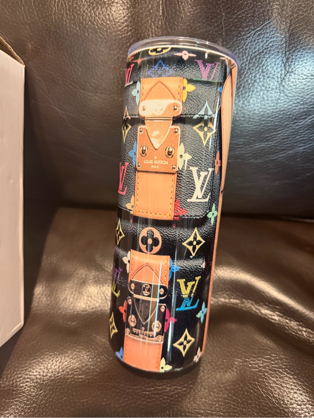 Black L.V. Fashion Multicolor Monogram Cylinder Case with Tan Trim